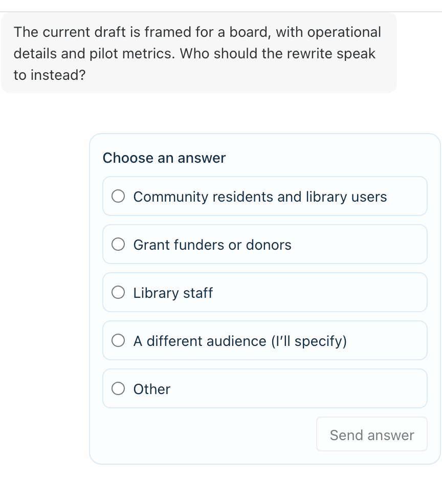 The agent asks who the rewrite is for, with several answer options, Other, and a Send answer button