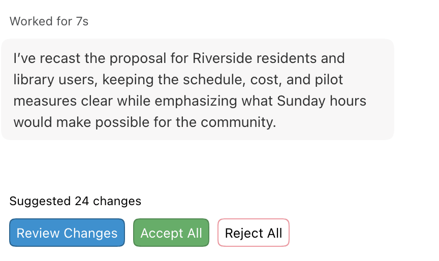 Worked for a few seconds, the agent's reply, and the suggested changes summary with Review Changes, Accept All, and Reject All