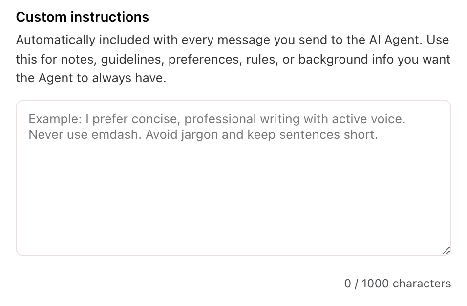 The Custom instructions field in Settings, empty, with an example as placeholder text and a 0 / 1000 characters count