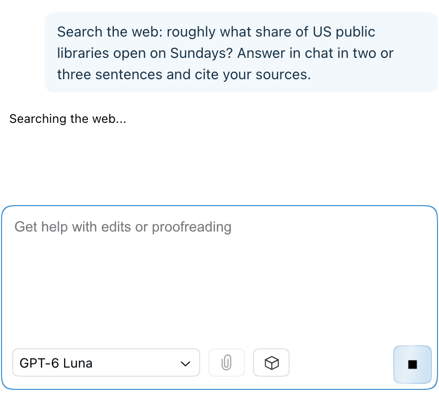 A request in progress with the status Searching the web and a stop button in the chat input