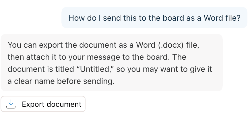 A question about sending a Word file, the agent's reply, and an Export document button