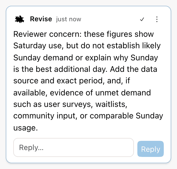 A comment from Revise with reviewer feedback and a reply field