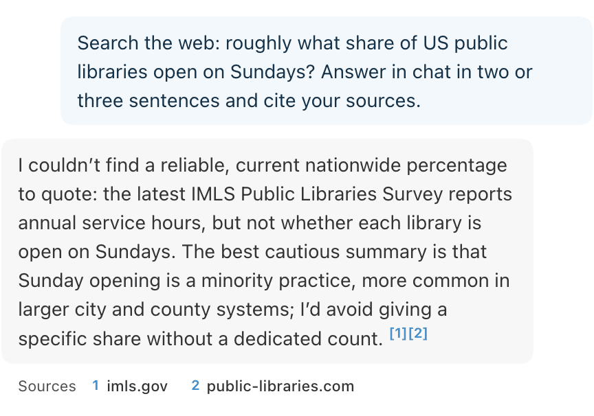 A chat reply with numbered citation markers and a Sources row listing two websites