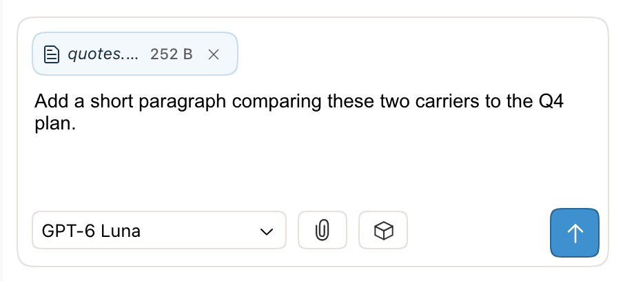 The chat input with a text file attached and a request to compare two carriers