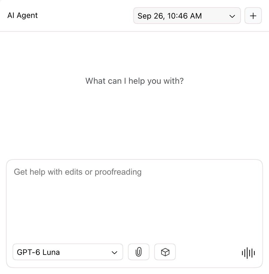 The AI Agent panel. The header has the conversation list and a plus button. The chat input has the model picker and the attach, saved prompts, and voice buttons