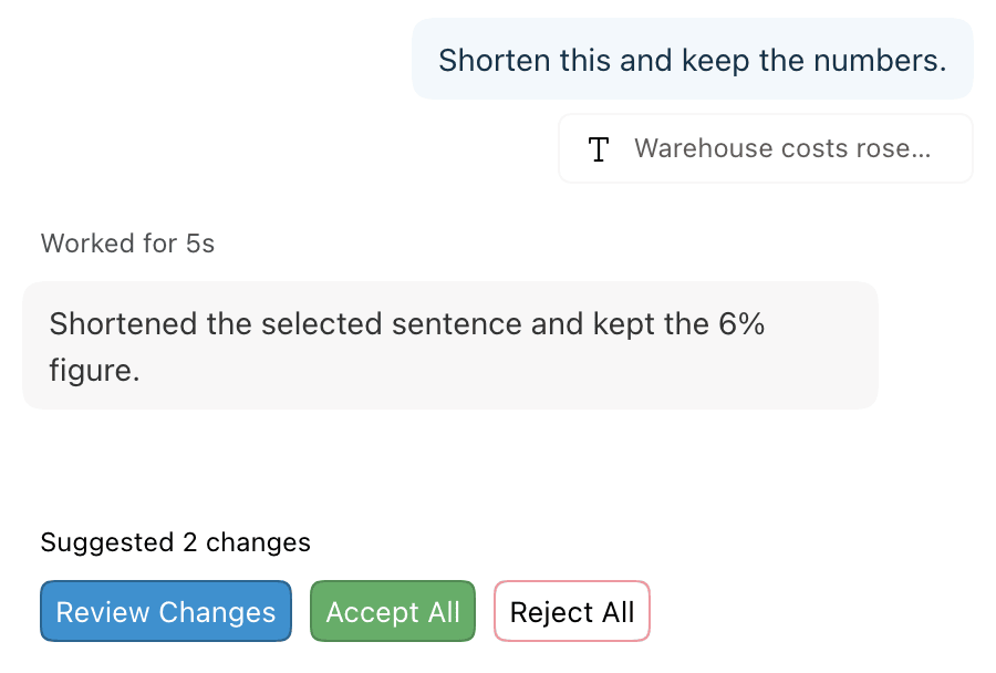A sent prompt with its attached selection, the work duration, and the agent's reply. Below it, the suggested changes summary with Review Changes, Accept All, and Reject All