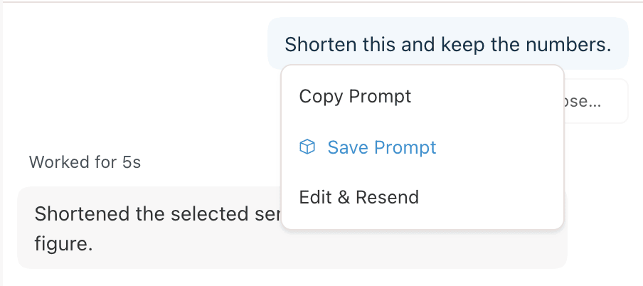 A sent prompt with a menu showing Copy Prompt, Save Prompt, and Edit & Resend