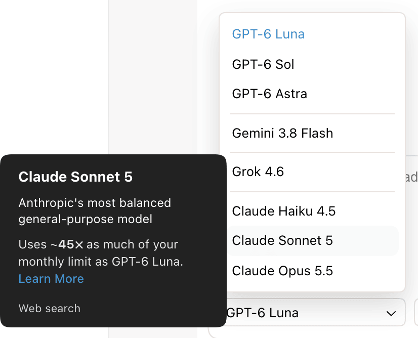 The open model picker listing GPT, Gemini, Grok, and Claude models, with a details card for Claude Sonnet 5