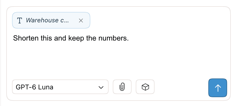 The chat input with a selected sentence attached as a chip and the prompt Shorten this and keep the numbers