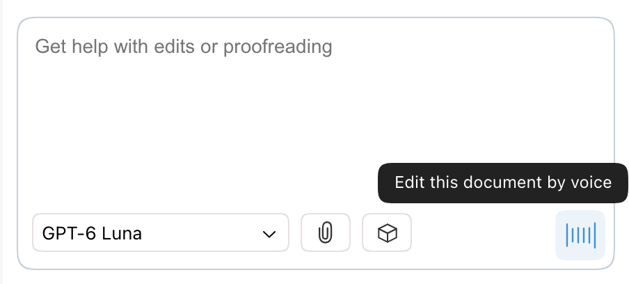 The empty chat input with the voice button highlighted and the tooltip Edit this document by voice
