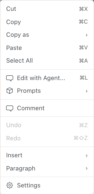 The right-click menu on selected text, with Edit with Agent... and its shortcut