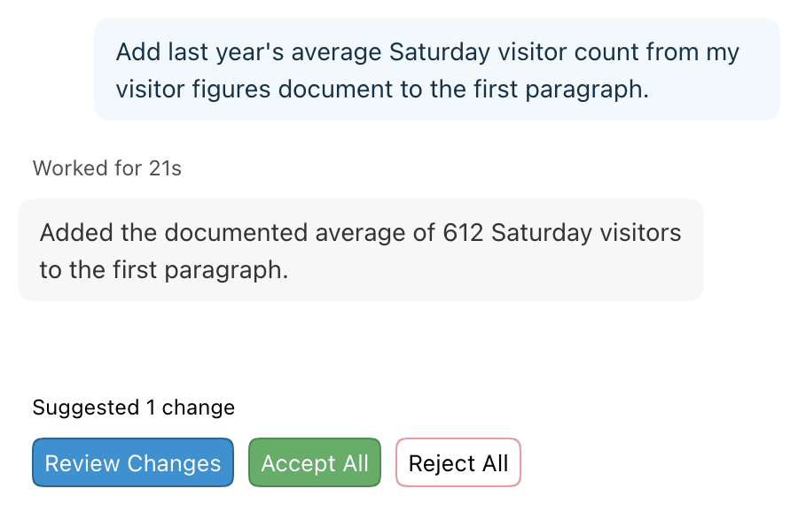 A request to add a visitor count from another document, the agent's reply with the figure, and one suggested change