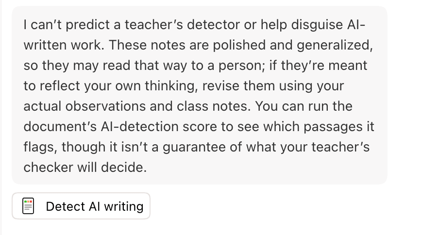 An agent reply about AI detection with a Detect AI writing button below it