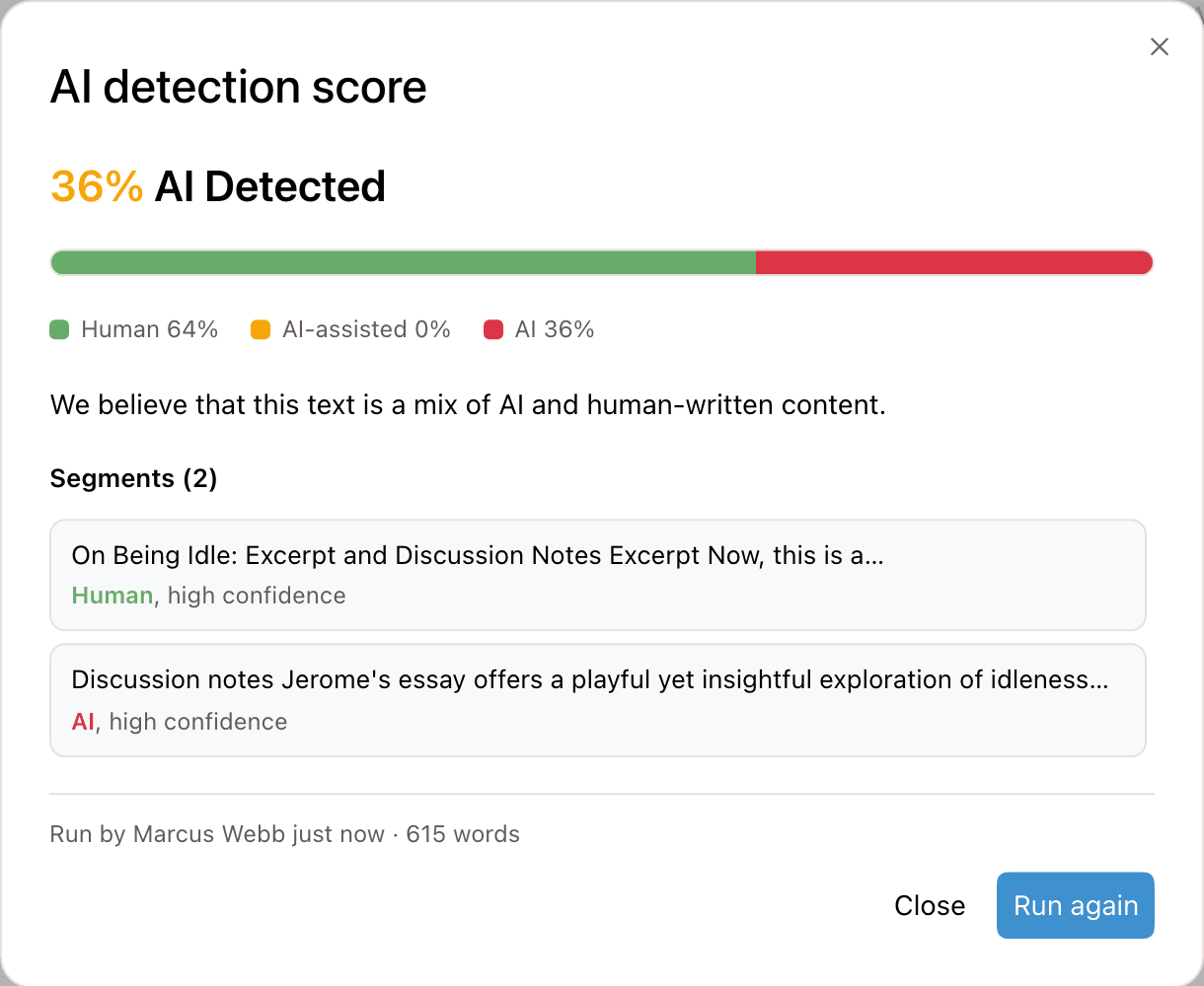 A result reading 36% AI Detected, with a breakdown bar, a legend, a summary, and two segments labeled Human and AI