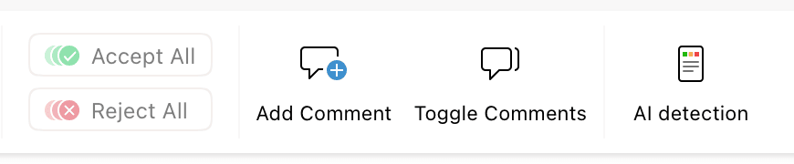 The Review ribbon with Accept All, Reject All, Add Comment, Toggle Comments, and AI detection buttons