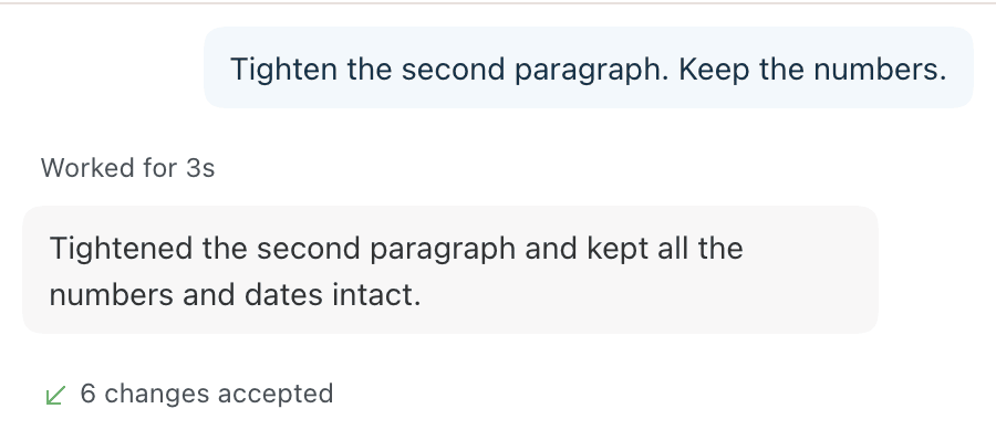 A request, the agent's reply with its work duration, and below it a row reading changes accepted