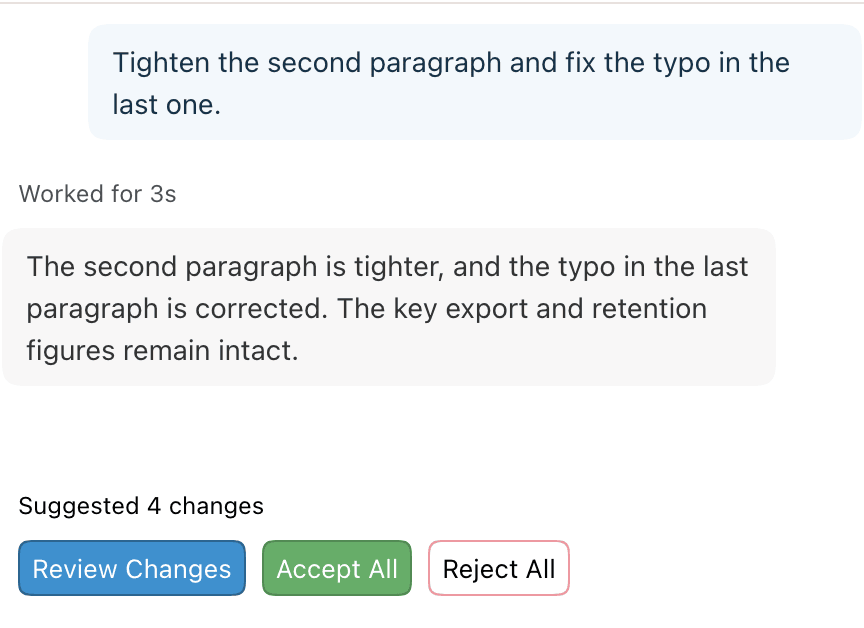 Agent chat showing the Suggested changes summary with Review Changes, Accept All, and Reject All