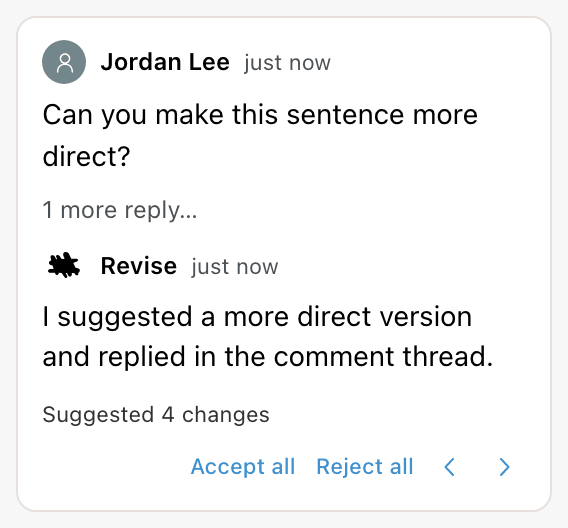 Comment thread with the agent's reply and its suggested changes