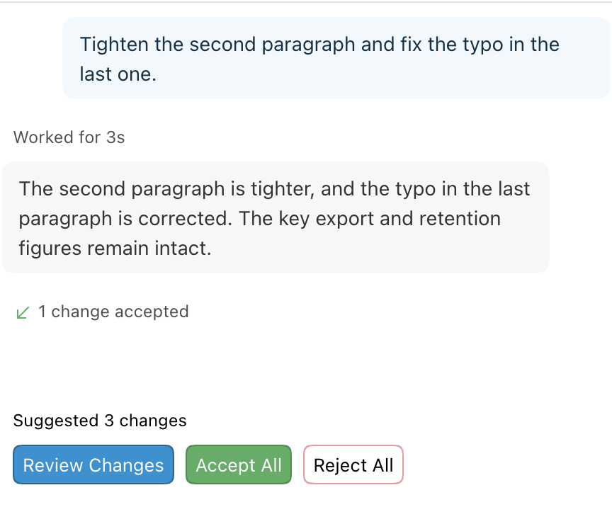 Agent chat showing 1 change accepted above Suggested 1 change