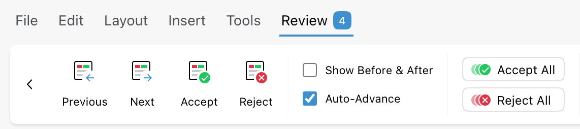 The Review tab toolbar and its review controls