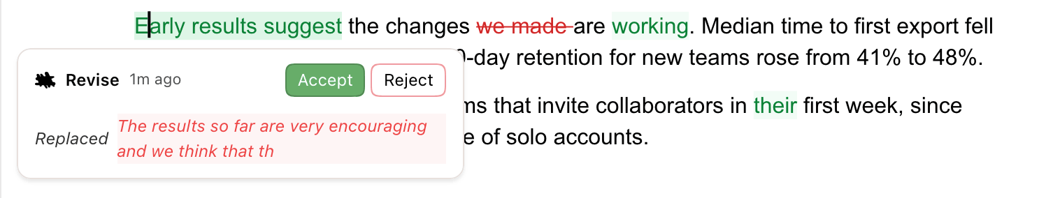 Suggestion card by Revise with Accept, Reject, and the replaced text