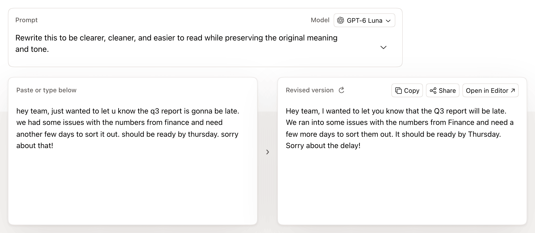 The AI Rewriter: the default prompt and model on top, a casual draft on the left, and its cleaned-up version on the right