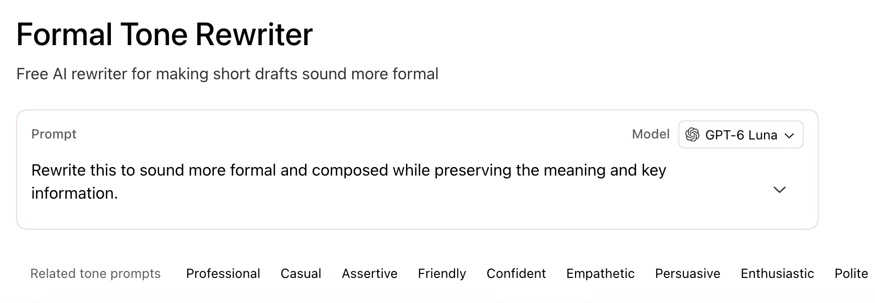 The Formal Tone Rewriter page with the formal prompt filled in and a row of related tone prompts below it