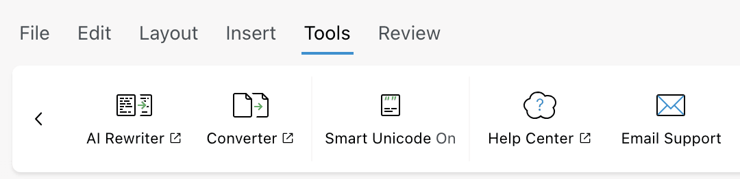 The editor's Tools tab with the AI Rewriter button first, followed by Converter, Smart Unicode, Help Center, and Email Support