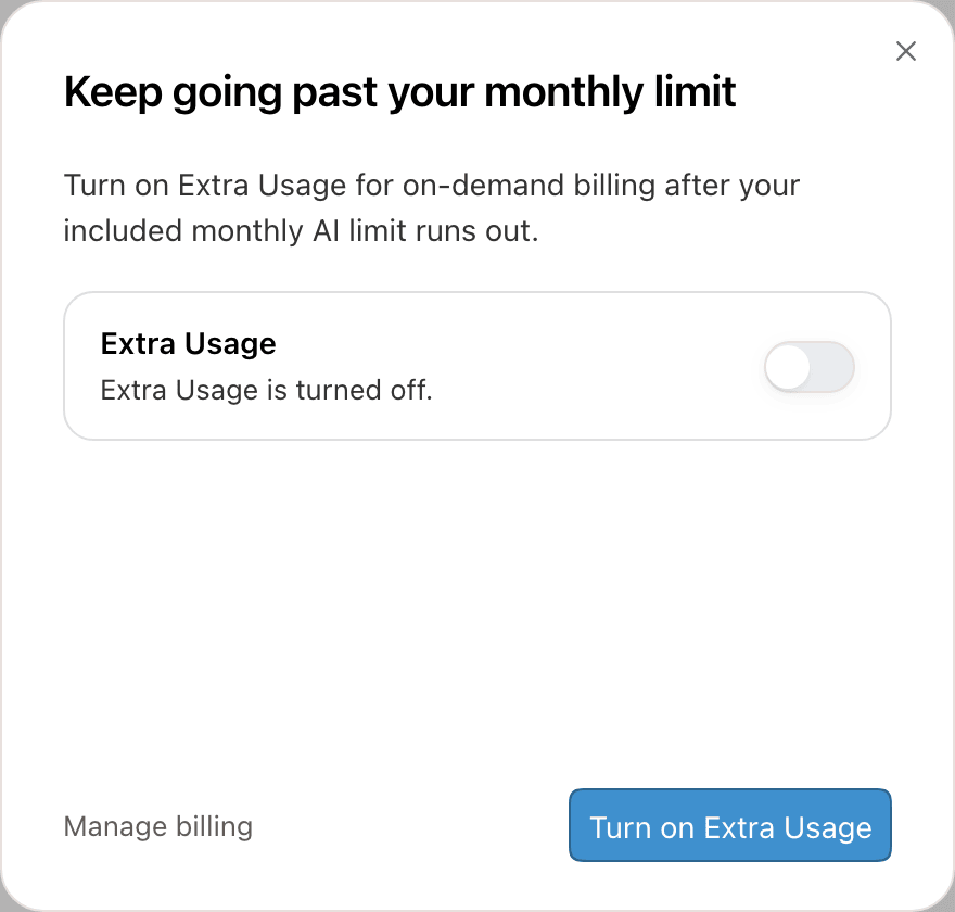 The Extra Usage dialog with the switch turned off and a Turn on Extra Usage button