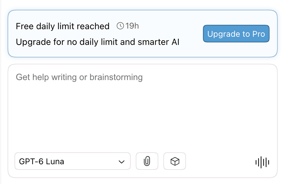 A banner above the chat input: Free daily limit reached, a countdown, and an upgrade button