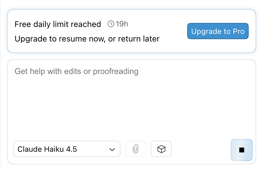 A banner above the chat input: Free daily limit reached, Upgrade to resume now, or return later, with an upgrade button