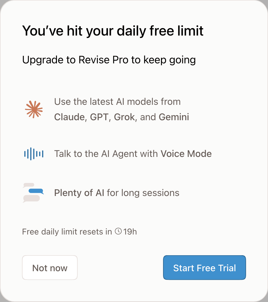 The upgrade offer titled You've hit your daily free limit, with plan features, the reset countdown, and a Not now button