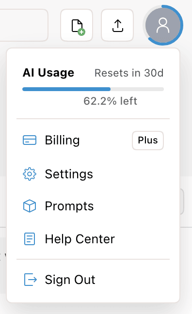 The account menu with the AI Usage bar showing the percentage left and the days until reset