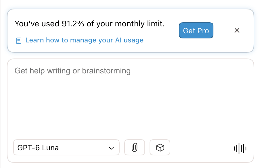 A warning above the chat input with the percentage of the monthly limit used, a Get Pro button, and a help link