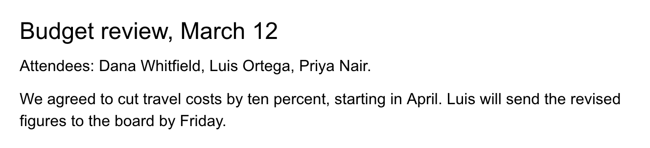 A meeting notes document whose dictated paragraph now has sentence punctuation and capitalized names