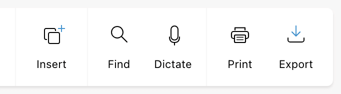 The right end of the Edit ribbon with the Insert, Find, Dictate, Print, and Export buttons