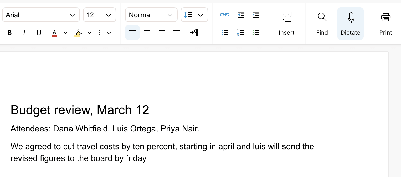 The Dictate button highlighted while listening, and a dictated sentence in a meeting notes document