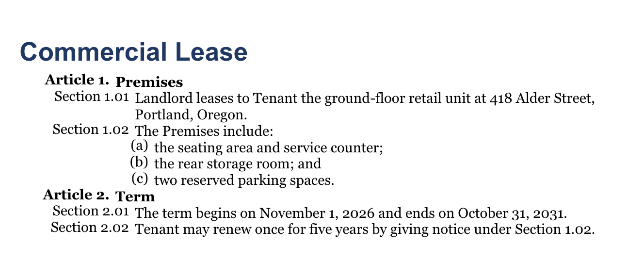A lease with multilevel numbering: Article 1, Section 1.01, Section 1.02 with items (a) to (c), Article 2, Section 2.01 and 2.02