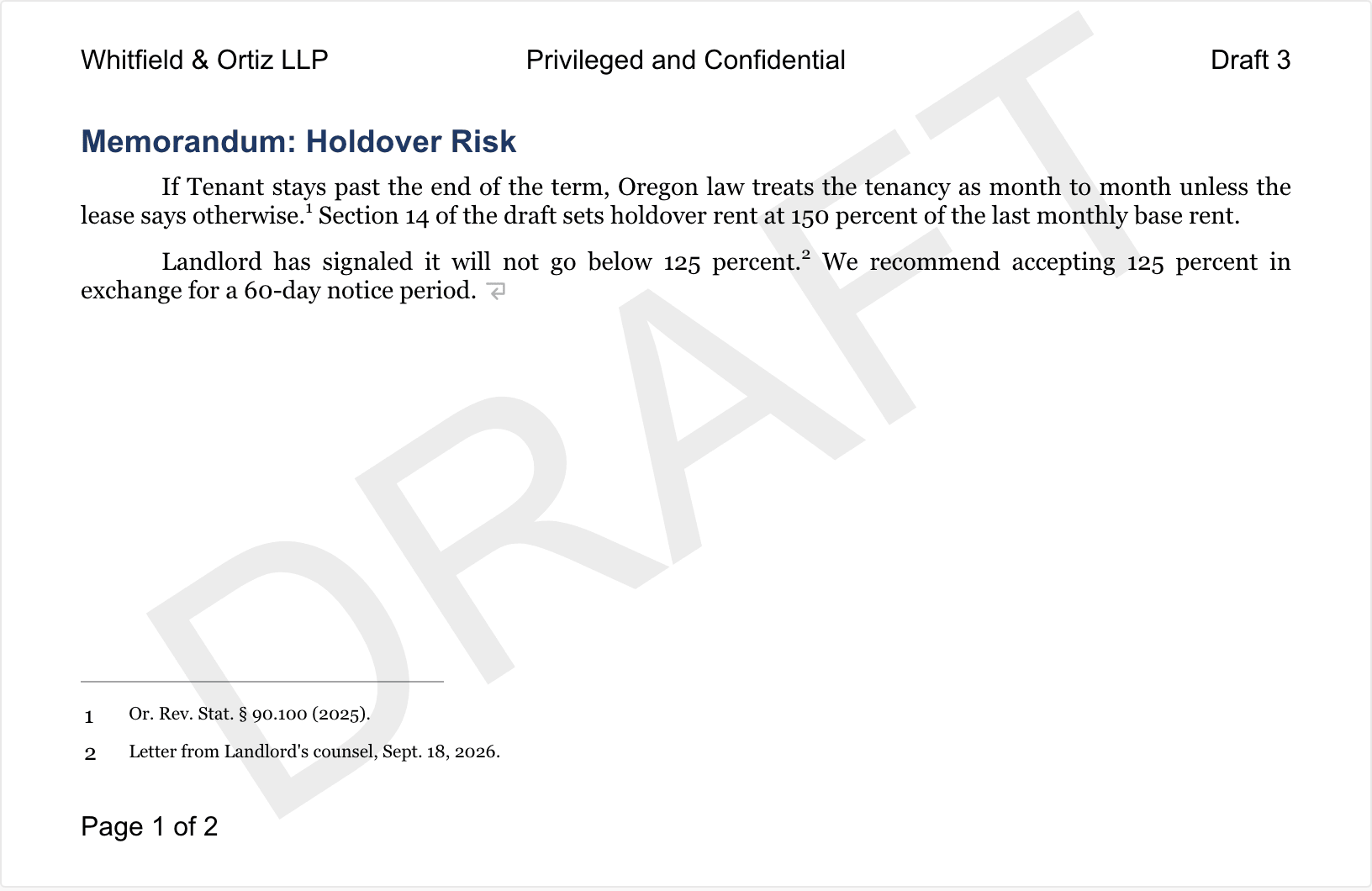 A memo page with a three-part header, a DRAFT watermark, two footnotes, and a Page 1 of 2 footer
