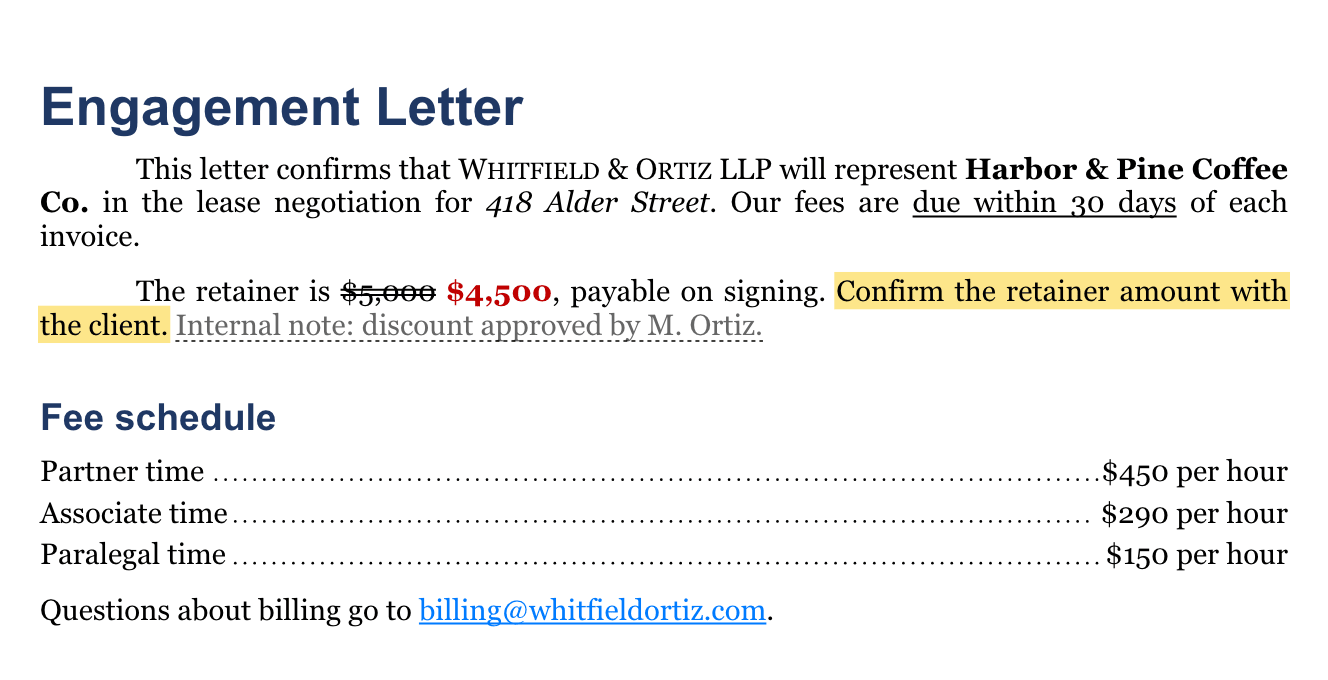 An imported engagement letter with mixed character formatting, dotted hidden text, dot tab leaders, and a link