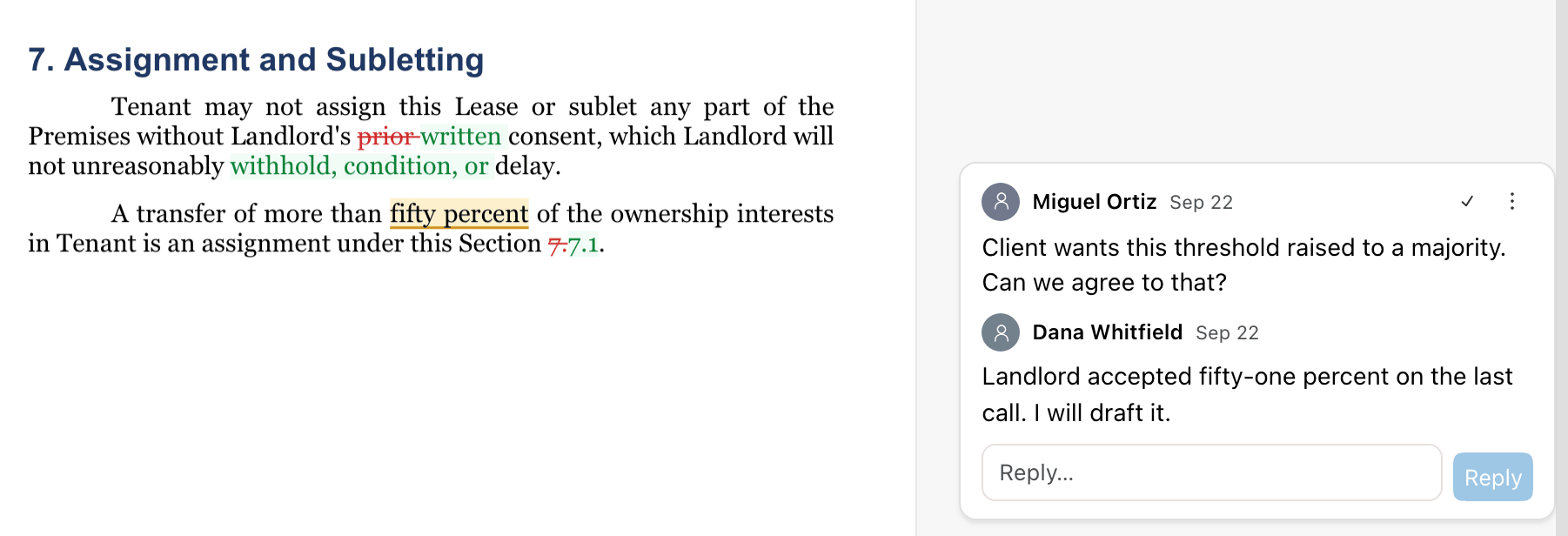 A lease clause with red deletions and green insertions, and a margin comment thread with one reply