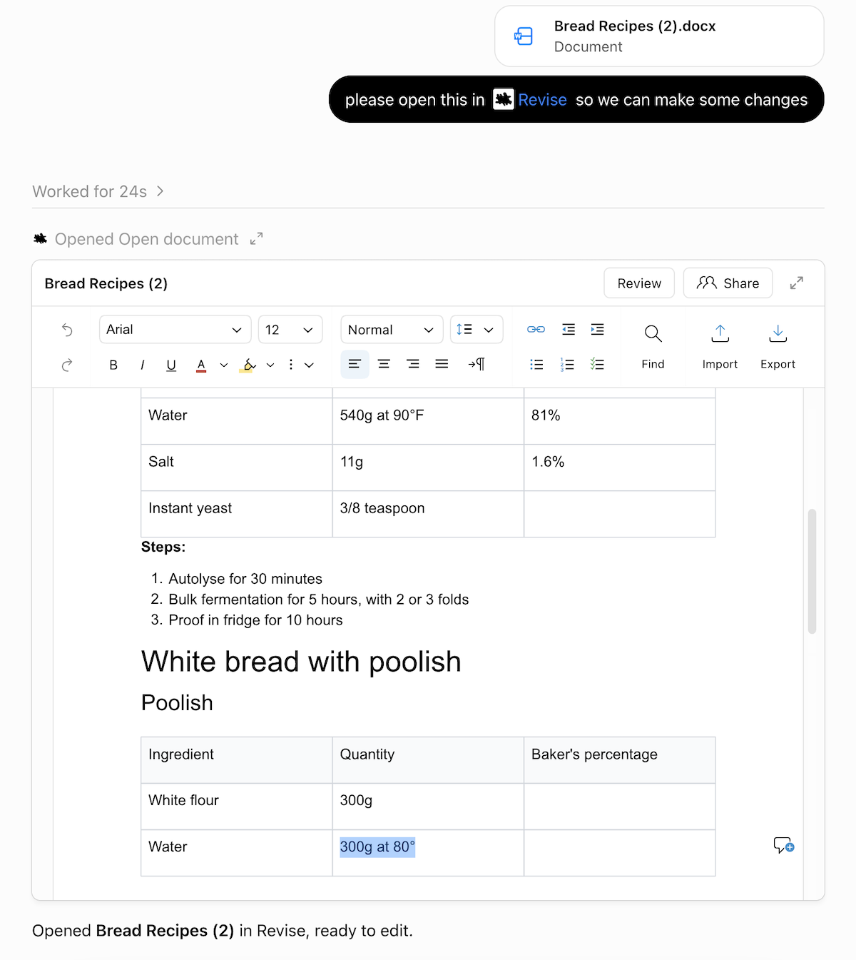 The attached document open in the Revise editor inside ChatGPT