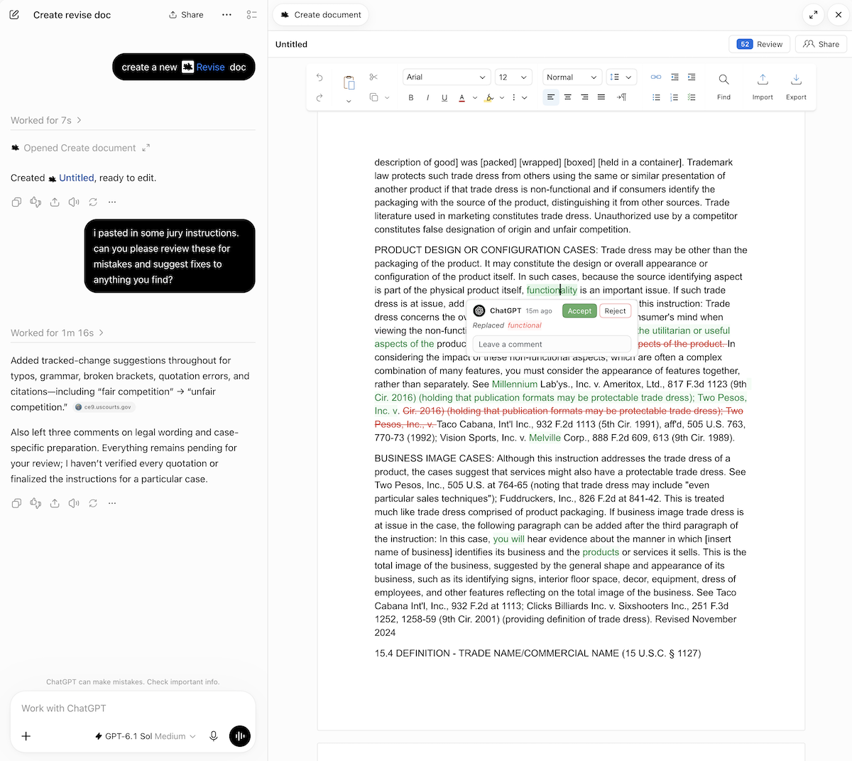 A suggested change from ChatGPT shown as green inserted text in the editor
