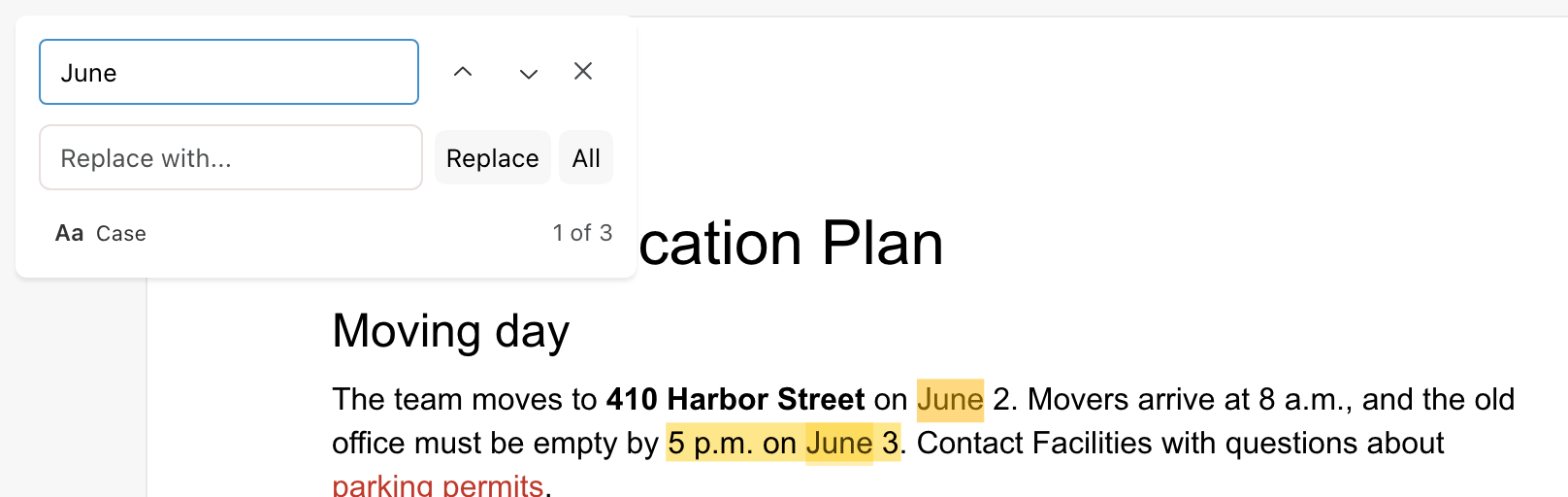 The find and replace panel searching for June, with matches highlighted in the document