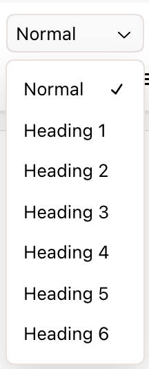 The paragraph style menu with Normal and Heading 1 to Heading 6