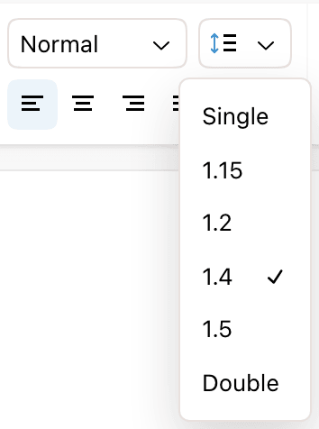 The paragraph group with the line spacing menu open, listing Single, 1.15, 1.2, 1.4, 1.5, and Double