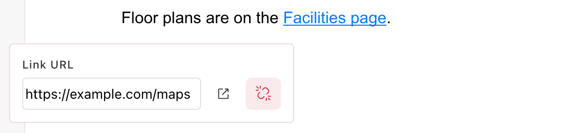 A linked phrase with the Link URL panel below it, showing the address, an open button, and a remove button