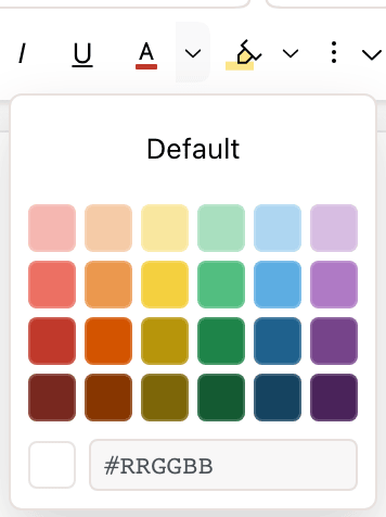 The text color menu with Default, a 6 by 4 grid of colors, and a hex field