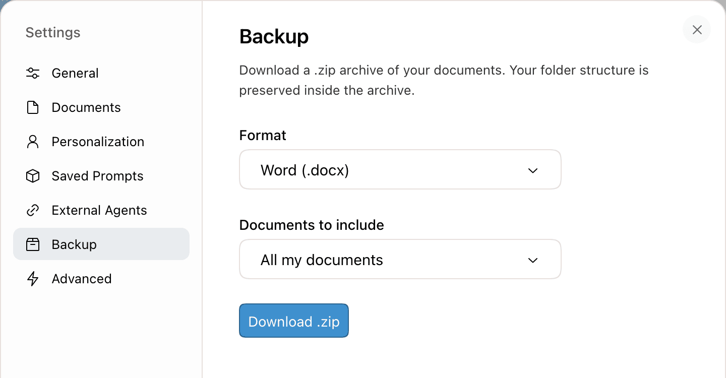 Backup settings with Format set to Word (.docx), Documents to include set to All my documents, and a Download .zip button