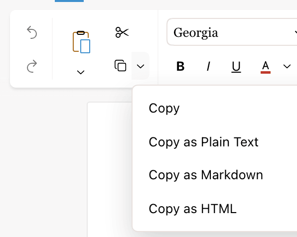 Copy menu in the Edit tab with Copy, Copy as Plain Text, Copy as Markdown, and Copy as HTML